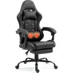 Massage Gaming Chair with Footrest – Ergonomic High-Back PC Chair with Headrest & Lumbar Support (Black)