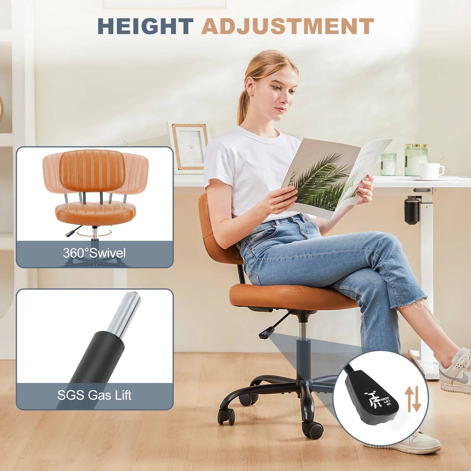 JHK Armless Office Desk Chair – PU Leather Computer Chair with Lumbar Support & 360° Swivel - Image 3