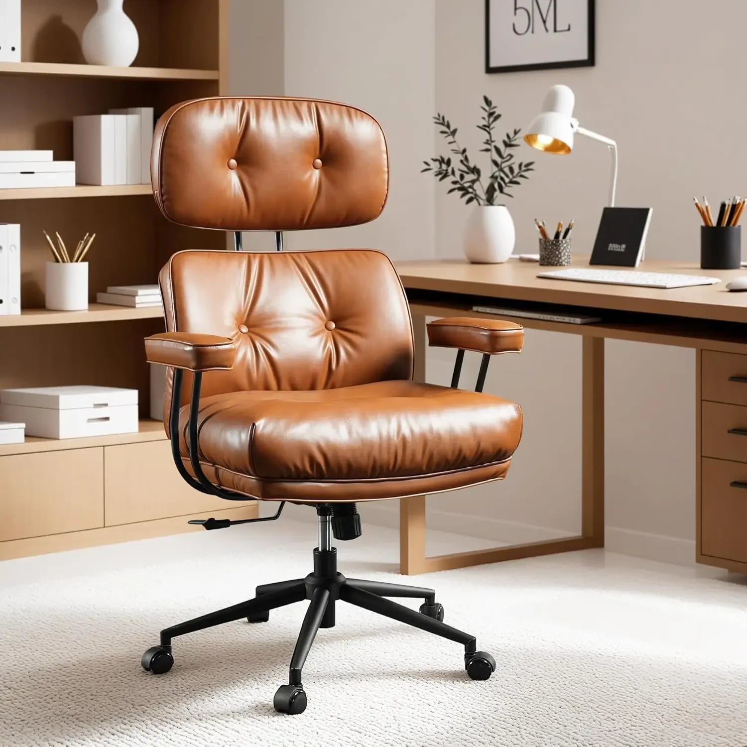 Ergonomic Mid-Century Leather Office Chair – High Back Executive Swivel Chair - Image 8