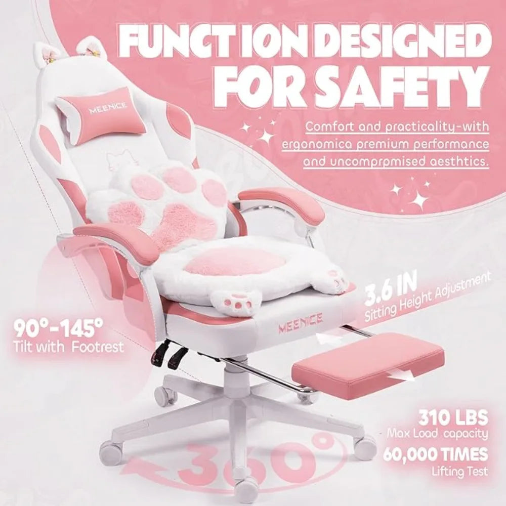 Cute Gaming Chair with Cat Ears – Ergonomic Recliner with Footrest & Paw Cushion - Image 2
